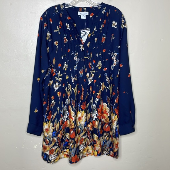 SERENGETI Blue Floral Tunic Blouse Partial Button Pin-tuck Pleats New NWOT XL - Picture 1 of 11